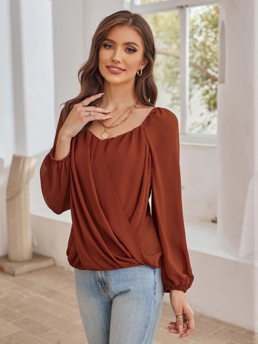 Grace Karin Rust Brown Long Sleeve Draped Blouse